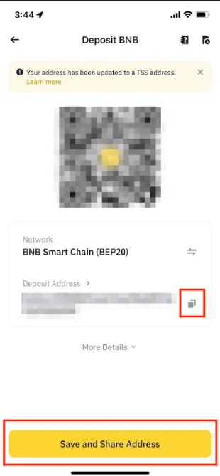 币安 App 充值页：选好网络后显示二维码和充值地址，地址旁边的复制图标被红框标出