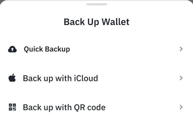 币安钱包的备份页面，列出快捷备份、iCloud 备份和二维码备份三个选项