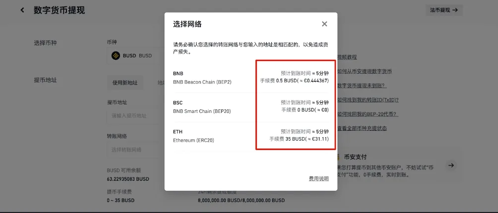 币安提币页的选择网络弹窗，每条网络旁边列出预计到账时间和手续费