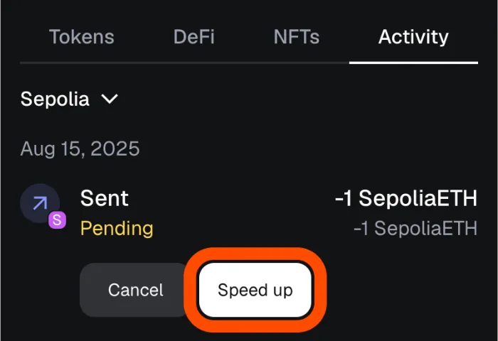 小狐狸活动页里一笔 Pending 状态的转账,下面有 Cancel 和 Speed up 两个按钮