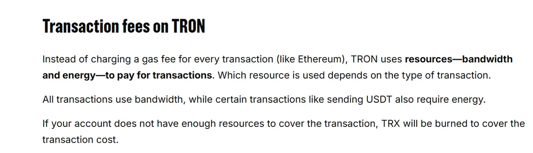 小狐狸帮助页讲波场费用：转账用带宽和能量支付，发 USDT 还要能量，资源不够就烧 TRX
