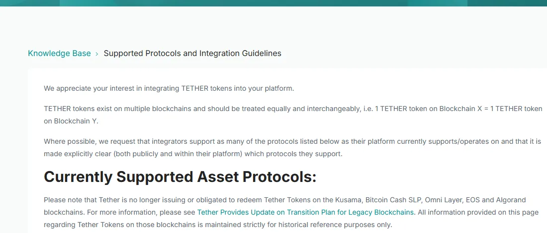 Tether 支持网络页面顶部:各条链上的 1 个 USDT 等值,以及已停止发行的旧链说明