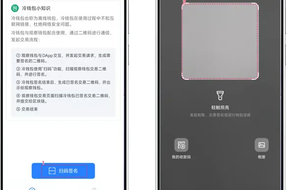 TP钱包冷钱包首页底部的扫码签名按钮,以及点开后的扫一扫界面