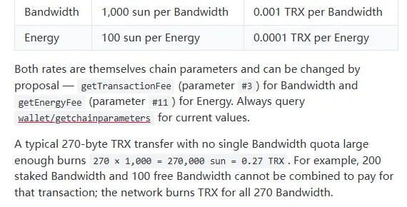 TRON 开发者文档的资源单价表：带宽每点 1,000 sun，能量每点 100 sun，下方是 270 字节转账烧 0.27 TRX 的例子