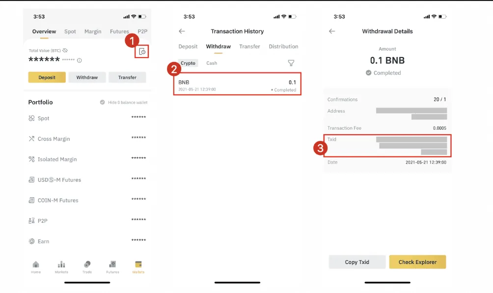 交易所 App 查 TxID 的三屏：点右上角记录图标，点开这笔提币，详情页里有 Txid 一栏和复制按钮